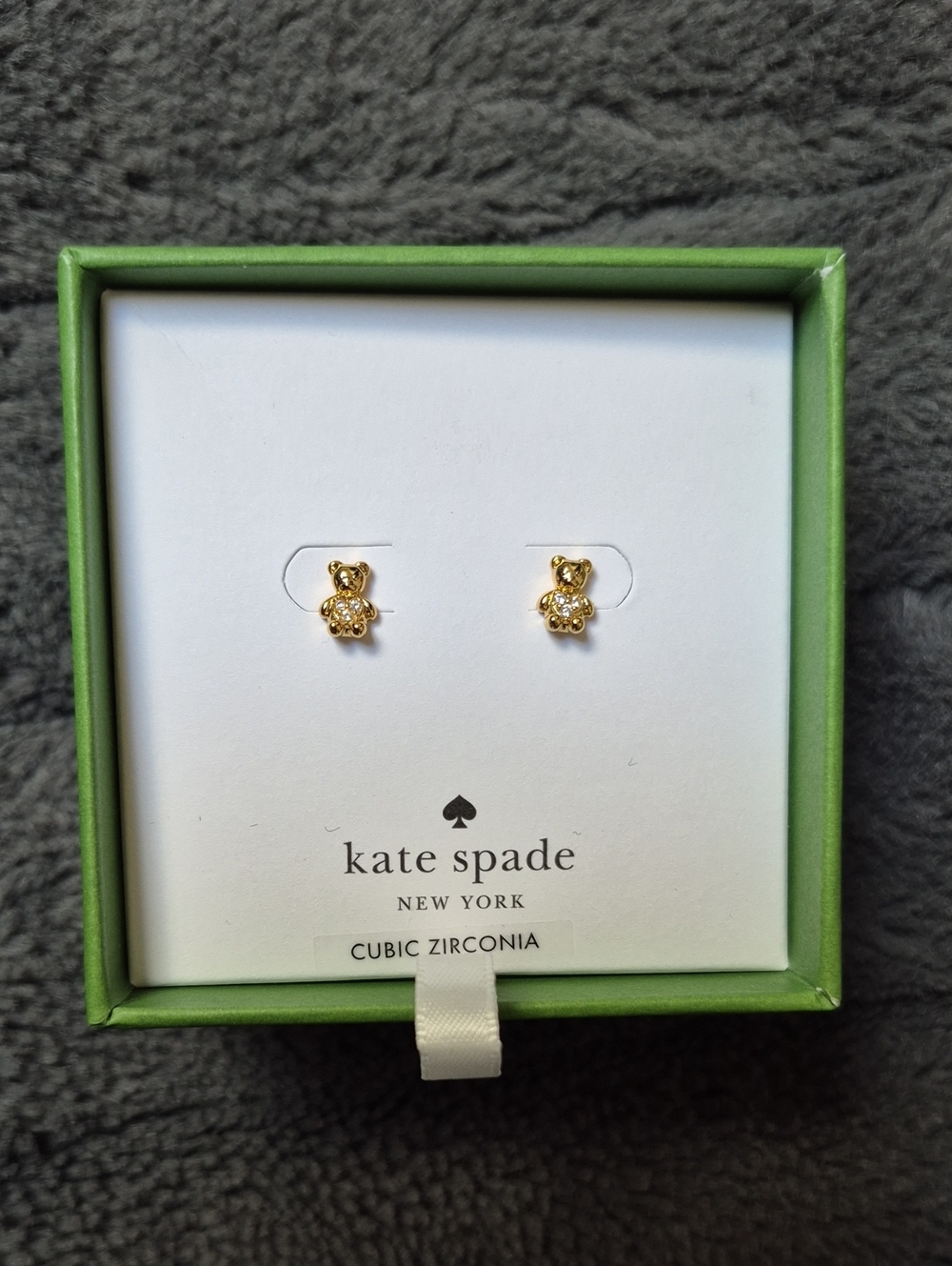 Kate Spade Dainty Gold Tone Teddy Bear With Cubic Zirconia Stud Earrings, New!